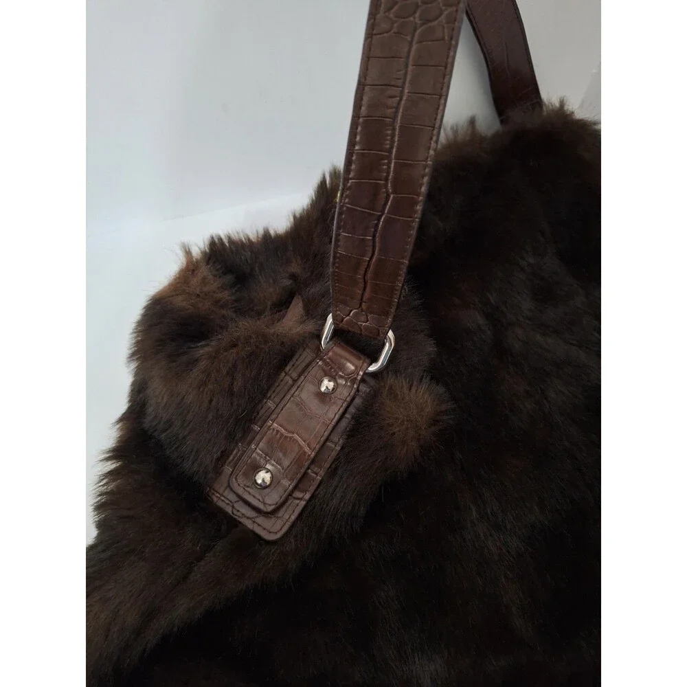 Bath & Body Works Faux Fur Purse Brown Shoulder Bag Oversized Vtg Y2K Style Hobo